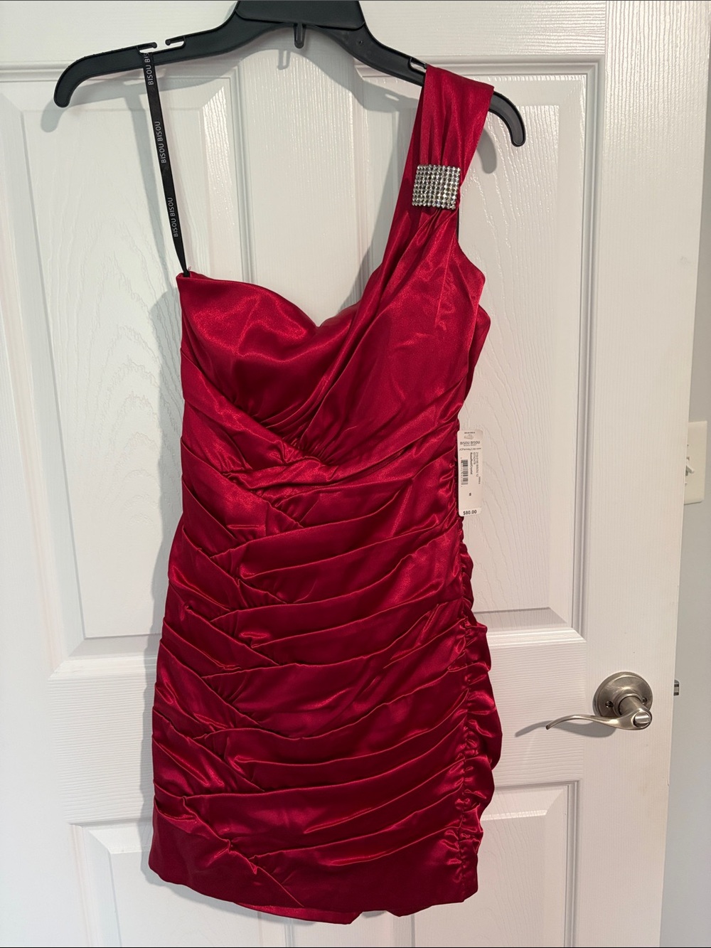 Bisou Bisou Red One-Shoulder Satin Cocktail Dress with Rhinestone Accent
